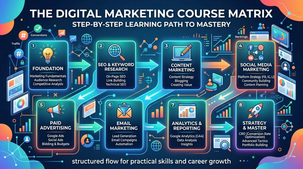 This image refrs the information about the learning steps of digital marketing